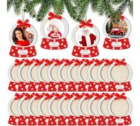 KAHEIGN 24 Pièces Ornements de Photo de Noël, 11CM Cadre Photo en Bois Décorations à Suspendre avec Nœud, Corde de Jute - pour Sapin Fenêtres Cheminée Vacances Fête Décoration