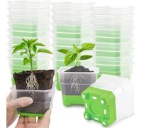 KAHEIGN 24 Pièces Pots de Pépinière Transparents avec Silicone Base, 10CM Carré Pot de Plantes en Plastique Pots de Démarrage de Semis Réutilisables avec Trous de Drainage pour Semis Transplantation