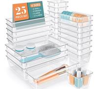 KAHEIGN 25 Pièces Organisateurs de Tiroirs en Plastique Transparent, 4 Tailles Rangement de Maquillage Polyvalents Diviseur de Tiroirs de Bureau pour Salle de Bain Bureau Chambre Cosmétiques Bijoux