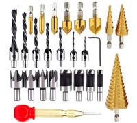 KAHEIGN 26 Pièces Ensemble De Forets à Fraiser, 8 Pièces Forets De Coupe-bouchon En Bois, 7 Pièces Mèche à Trois Pointes, 6 Pièces Foret à Fraiser, 3 Pièces Foret à Cône D'étape