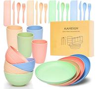 KAHEIGN 28Pcs Vaisselle En Plastique, 4 Ensembles D'assiettes, Tasses, Bols et Couverts Légers Incassables, Respectueux De L'environnement et Réutilisable au Micro-ondes et au Lave-Vaisselle