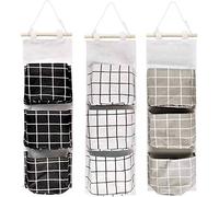 KAHEIGN 3 Pièces Sac De Rangement Mural, 60 x 20cm Sac à Suspendre Empilable à 3 Couches - Tissu De Lin Imperméable Organisateur De Poche Large Suspendu pour Chambre à Coucher Salle De Bain Cuisine