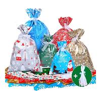 KAHEIGN 30Pcs Sacs-Cadeaux d'emballage De Noël avec des Liens De Ruban De 18,6 M, Grande Taille Emballage Cadeau Sacs-Cadeaux De Styles Assortis pour Décoration De Cadeaux De Fête De Noël (5 Tailles)
