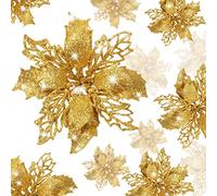 KAHEIGN 36 Pièces Fleurs de Poinsettia de Noël, Paillettes Dorées Fleurs Artificielles de Poinsettia Ornements d'arbre de Noël pour Décor de Fête Maison Guirlande Noëls Mariage (3 Tailles)