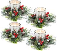 KAHEIGN 4 Pièces Anneaux de Bougie de Noël, 20CM Couronne de Baies Rouges Artificielles Bougeoir en Aiguilles de Pin Enneigées pour Piliers Rustique Mariage Porte D'entrée Noël Table Fête Décoration
