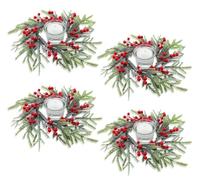 KAHEIGN 4 Pièces Anneaux de Bougie de Noël, 21CM Couronne de Baies Rouges Artificielles Bougeoir en Aiguilles de Pin Enneigées de Norfolk pour Pilier Rustique Mariage Noël Fête Table Centre Décoration