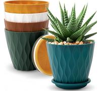 KAHEIGN 5 Pièces Pots de Fleurs en Plastique, 15CM Jardinière Anti-Racines Épais Pot de Jardin à Motif Ondulé avec Drainage Trou et Soucoupe pour Plantes Fleurs Herbes Succulentes Cactus (5 Couleurs)