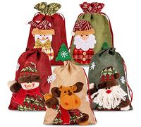 KAHEIGN 5 Pièces Sacs à Cordon de Noël, Sacs en Toile de Jute de Grand Tissu 3D Père Noël Bonhomme de Neige Renne Sacs Cadeaux de Noël Sacs d'emballage de Noël Sacs de Friandises pour Fête de Noël