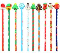 KAHEIGN 50 Pièces Crayons de Noël avec Gommes, 10 Modèles Gommes de Dessin Animé sur Fin des Crayons, Bonhomme de Neige Stockage Bonhomme en Pain D'épice Chapeau Sapin de Noël Crayon