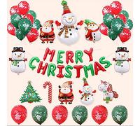 KAHEIGN 50 Pièces Kit de Décoration de Ballon De Noël, MERRY CHRISTMAS, 10 Pièces Père Noël Claus Bonhomme de Neige Ballon en Aluminium, 26 Pièces Vert Rouge Ballons en Arc