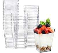KAHEIGN 50 Pièces Mini Coupes à Dessert, 240ml Gobelets à Dessert Carrés en Plastique Coupe Apéritif Parfait Clair Bol De Service Réutilisable pour Fête De La Mousse Au Pouding Au Dessert (7 x 7cm)