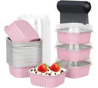 KAHEIGN 50 Pièces Mini Moules à Gâteaux avec Couvercles et Cuillères, 150ml Plats de Cuisson Carrés en Papier D'aluminium Petites Boîtes à Pain pour Mariage Anniversaire Pique-Nique Fête (Argent Rose)