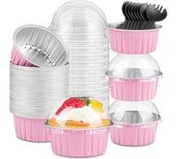 KAHEIGN 50 Pièces Mini Moules à Gâteaux avec Couvercles et Cuillères, 150ml Plats de Cuisson Ronds en Papier D'aluminium Petites Caisses à Pain Coupes pour Pain Dessert Pique-Nique Fête (Argent Rose)