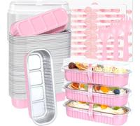 KAHEIGN 50 Pièces Mini Moules à Pain avec Couvercles et Cuillères, 200ml Plat de Cuisson Rectangulaires en Papier D'aluminium avec Autocollant pour Pain Gâteau Pique-Nique Fête (Argent Rose)