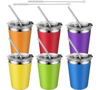 KAHEIGN 6 Pièces Gobelets en Acier Inoxydable avec Couvercles et Pailles, 360ml Gobelet Incassable pour Enfant Réutilisable Tasse de Voyage à Café Glacé avec Silicone Manchons Amovibles pour Boissons