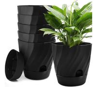 KAHEIGN 6 Pièces Pots de Fleurs Auto-Arrosants, 12CM Rond Conteneur Épais en Plastique pour Succulentes Herbes Orchidées Menthe Jardin Plantes - avec Trou D'arrosage, Drainage et Soucoupe (Noir)