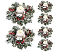 KAHEIGN 8 Pièces Anneaux de Bougie de Noël, 20CM Couronne de Pommes de Pin Baies Rouges Artificielles Bougeoir en Aiguilles de Pin Enneigées pour Piliers Rustique Mariage Noël Fête Table Décoration