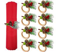 KAHEIGN 8 Pièces Ronds de Serviette de Noël, Porte-Serviettes dn Bois avec Pomme de Pin Baie Rouge Flocon de Neige Boucle de Serviette Rustique pour Décoration de Table de Mariage Noël Déjeuner Fête