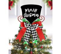 KAHEIGN Cimier de Sapin de Noël, 25CM Grand Noir Pointes de Sapin de Noël Chapeau Haut avec Pain D'Épices et Ruban à Carreaux pour Maison Noëls Vacances Hiver Fête Décor Bureau Ornements