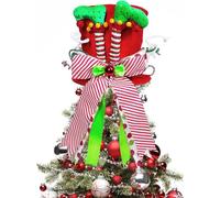 KAHEIGN Cimier de Sapin de Noël, 25CM Grande Rouge Pointes de Sapin de Noël Chapeau Haut avec Patte D'elfe et Ruban à Nœud Rayé pour Maison Noël Vacances Hiver Fête Décor Bureau Ornements
