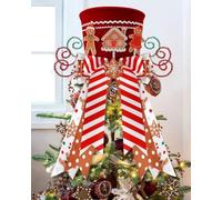 KAHEIGN Cimier de Sapin de Noël, 25CM Grande Rouge Pointes de Sapin de Noëls Chapeau Haut avec Pain D'Épices et Ruban à Nœud Rayé pour Maison Noëls Vacances Hiver Fête Décor Bureau Ornements