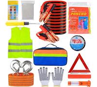 KAHEIGN Kits D'urgence 12 en 1 Pour Voiture, Voiture Dépannage Kit Inclus Signalisation Triangle, Visibilité Gilet, Remorquage Corde, Marteau Utilitaire, Saut Plomb, Voiture Fusible, Rangement Sac