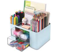 KAHEIGN Organisateur de Bureau avec 2 Tiroirs, 19CM x 14CM Organisateur de Bureau Multifonctionnel Porte-Stylo de Grande Capacité Organisateur de Maquillage pour Bureau École Maison Tableau (Bleu)