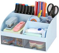 KAHEIGN Organisateur de Bureau avec 2 Tiroirs, 19CM x 14CM Organisateur de Bureau Multifonctionnel Porte-Stylo de Grande Capacité Organisateur de Maquillage pour Bureau École Maison Tableau (Bleu)