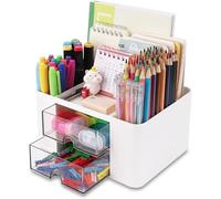 KAHEIGN Organisateur de Bureau avec 2 Tiroirs, 19CM x 14CM Organisateur de Bureau Multifonctionnel Porte-Stylo de Grande Capacité Organisateur de Maquillage pour Bureau École Maison Tableau (Blanc)