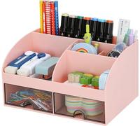 KAHEIGN Organisateur de Bureau avec 2 Tiroirs, 19CM x 14CM Organisateur de Bureau Multifonctionnel Porte-Stylo de Grande Capacité Organisateur de Maquillage pour Bureau École Maison Tableau (Rose)