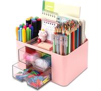 KAHEIGN Organisateur de Bureau avec 2 Tiroirs, 19CM x 14CM Organisateur de Bureau Multifonctionnel Porte-Stylo de Grande Capacité Organisateur de Maquillage pour Bureau École Maison Tableau (Rose)