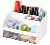 KAHEIGN Organisateur de Bureau avec 2 Tiroirs, 19CM x 14CM Organisateur de Bureau Multifonctionnel Porte-Stylo de Grande Capacité Organisateur de Maquillage pour Bureau École Maison Tableau (Blanc)