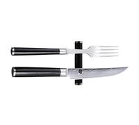 KAI Shun Classic Ensemble de Coutellerie Japonaise 3 Pièces - Couteau à Steak 12 cm - Damas 32 Couches Noyau VG MAX - 61 (±1) HRC + Fourchette en Acier + Repose-Couteau - bois de pakka