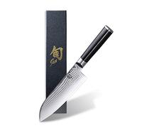 KAI Shun Classic Santoku pour Gaucher 18 cm Longueur de Lame - Couteau Damas 32 Couches Noyau VG Max - 61 (±1) HRC - Manche en Pakkawood - Fabriqué au Japon - Couteau de Chef Japonais Forgé