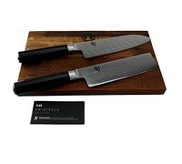 Kai Shun Premier DM-0718 Set de couteaux Santoku ultra tranchants 18 cm Lame alvéolée + couteau Nakiri DM-0728 + planche à découper en bois de fût 30 x 18 cm