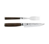 KAI Shun Premier Tim Mälzer Ensemble de Couverts Japonais 2 Pièces - Fourchette 22 cm Totale + Couteau à Steak 25 cm Totale - Acier Damas VG Max avec 32 Couches - 61 (±1) HRC - Fabriqué au Japon
