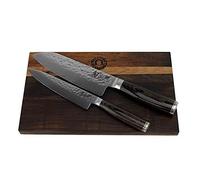 Kai Shun PremierTim Mälzer Set de couteaux | Couteau Santoku 18 cm TDM-1702 | + couteau multifonction TDM-1701 | + planche à découper fabriquée à la main en vieux bois de fût 30 x 18 cm Chêne