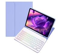kaidisen Étui avec clavier rétroéclairé coloré pour iPad Pro 11" (4e/3e/2e/1ère génération) avec clavier Bluetooth rétroéclairé RVB amovible, couleur bonbon, étudiant en affaires, violet + blanc