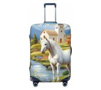 Kaifanee Housse de protection élastique pour valise de voyage, motif fleurs de lapin blanc, housse de bagage de Pâques anti-rayures pour bagages de 78,7 à 81,3 cm, White Horse Church Village River,