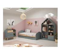 KAINA - Chambre 90x200cm avec Commode 3T et Dressing Cabane Coloris Gris et Naturel -