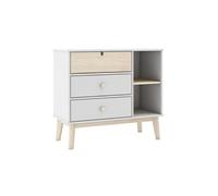 KAINA - Commode 3 Tiroirs 2 Niches MDF et Pin Coloris Blanc et Naturel -