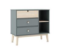 KAINA - Commode 3 Tiroirs 2 Niches MDF et Pin Coloris Gris Vert et Naturel