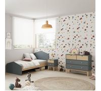 KAINA - Pack Lit 90x190cm + Chevet 2 Tiroirs + Commode 4T Coloris Gris et Naturel - Altobuy Vert