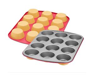 KAISER 2300670836 Colors Plaque de cuisson pour 12 muffins 38 x 27 cm antiadhésive Taille standard Moules à cupcakes bicolores, orange et rose, acier résistant à la chaleur jusqu'à 230 °C