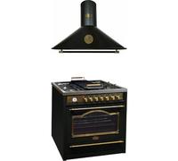 Kaiser Cuisinière Empire HGE 93555 Em+A 9423 BE ECO, Cuisinière électrique à gaz rétro 90 cm Range Coocker/Hotte aspirante 90 cm, 910 m³/h,Noir,Belle Époque avec éléments métalliques -Antique Or-