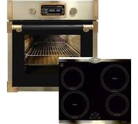 Kaiser Four pyrolyse EH 6427 AD+KCT 6395 IEm, four à encastrer pyrolyse rétro 73L verre noir 60 cm+plaque de cuisson à induction, plaque à induction rétro, plaques métalliques bronze, 4 QickHeat