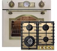 Kaiser Küchengeräte Set four EH 6355 ElfEm+KCG 6335ElfEm, Autark, Rétro 8 fonctions + Plaque de cuisson au gaz 60 cm, Ivoire Verre Rétro 3,8 kW WOK, Facette + Avant Plaque métallique