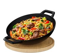 KAISERTAL® Wok en fonte à induction | 32 cm de diamètre | Poêle wok sans couvercle | Wok avec fond plat & couvercle en verre | Pré-cuit et passe au four - Avec brosse de nettoyage