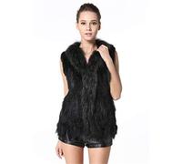 KAISHIN Mode Réel Tricoté Gilets De Fourrure De Lapin pour Femmes Casual Col De Fourrure De Raton Laveur Col Manteau Sans Manches (Noir, FR 34 Taille)