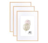 KAIWIN Lot de 3 cadres photo A3 en chêne avec passe-partout blanc - 29,7 x 42 cm - Pour montage mural - Pour la maison, le bureau, la galerie, les vacances avec photos, affiches, puzzles